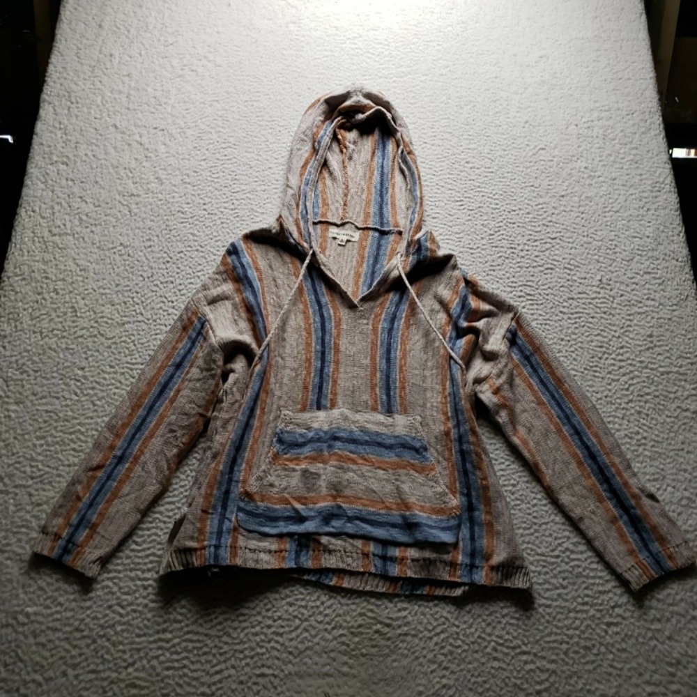 Lucky Brand Sweater Womens XL Beige V Neck Hooded Striped Knit Pullover Pocket